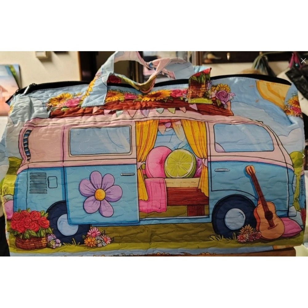 Quilted Duffel Bag Hippie Camper Van Floral Travel Weekender Large Blue Multi